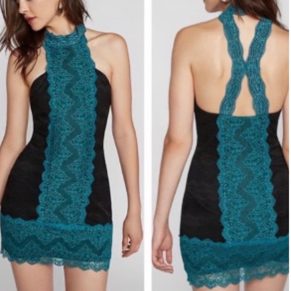 Free People Black Halter Bodycon Dress Tealโ Lace Panel Racerback Mini Zip XS